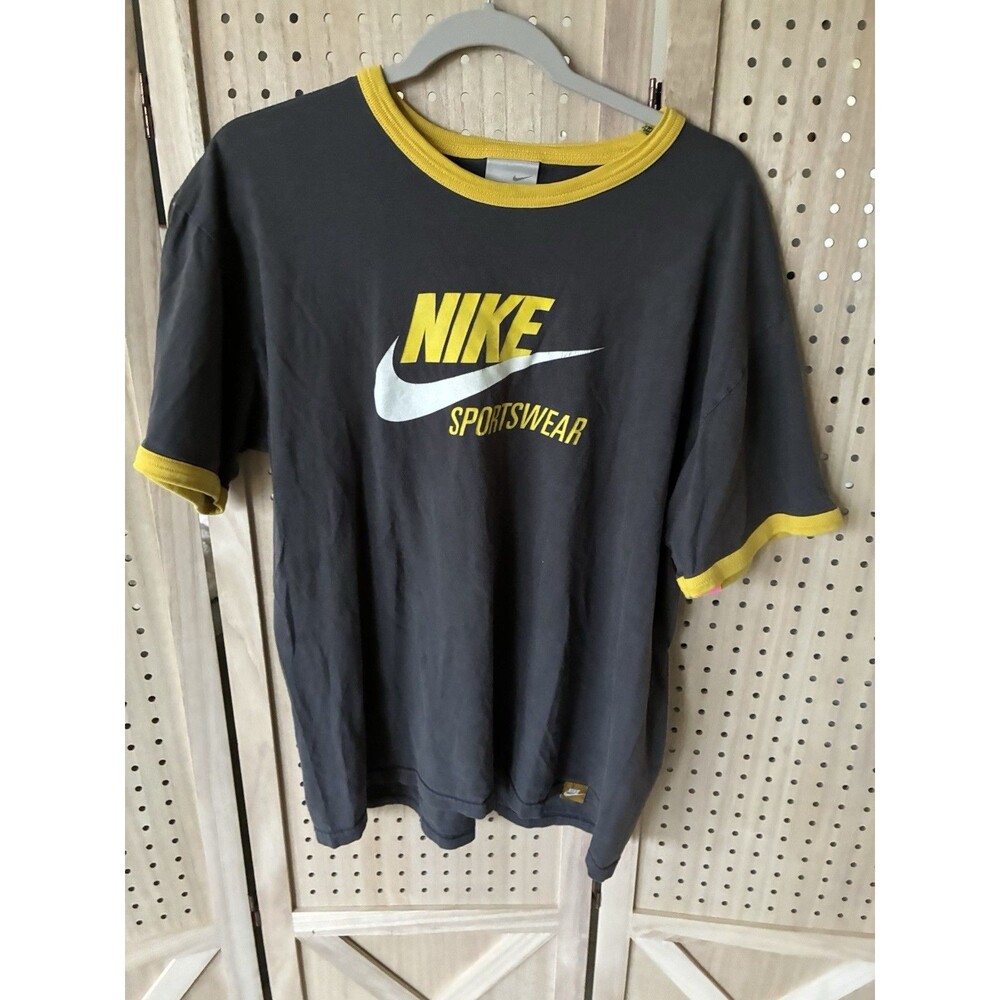 Vintage Nike Shirt Adult XL Gray Yellow Spell Out Retro Swoosh Mens Ringer Tee